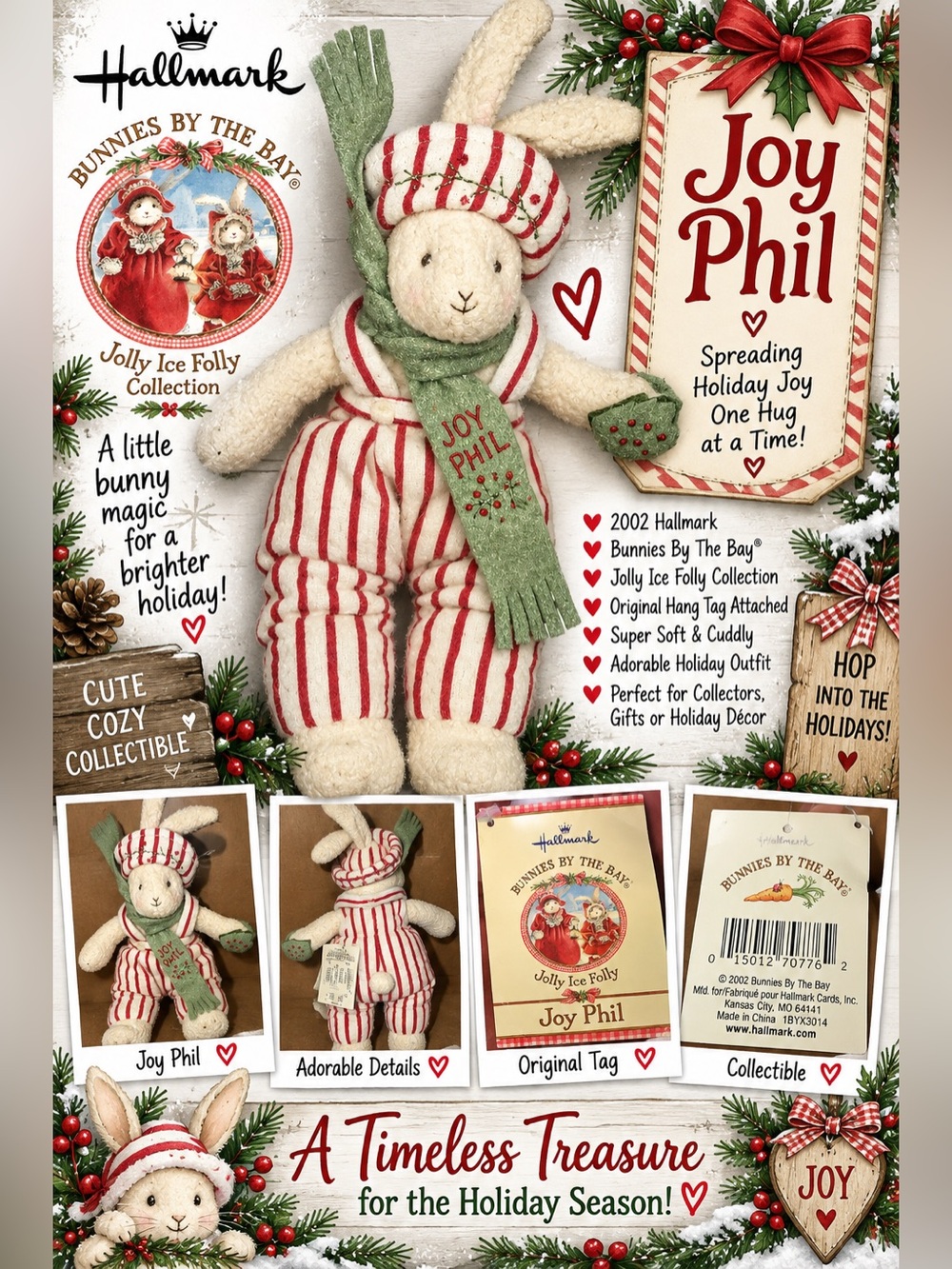 Vintage 2002 Hallmark Bunnies By The Bay Joy Phil Christmas Bunny Plush Tag